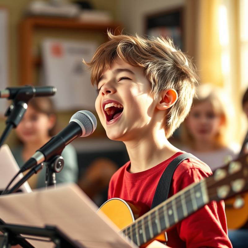 Een vrolijke student zingt tijdens een zangles met passie.